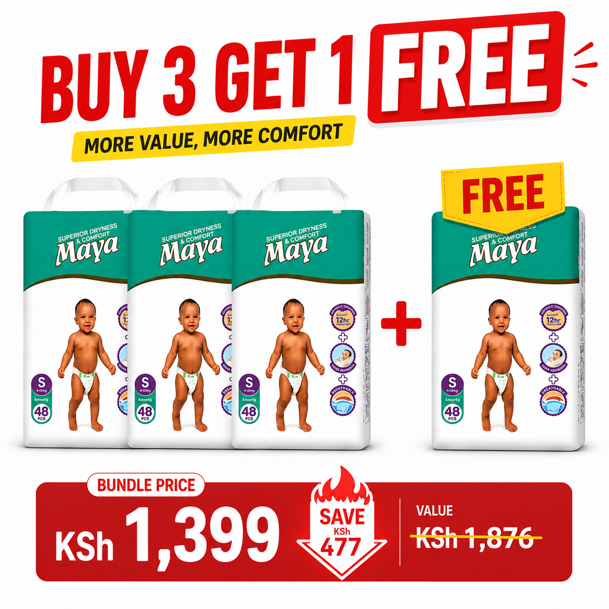 [Buy 3 Get 1 Free] Original Maya Baby Diaper High Absorbency Breathable Anti-rash Super Soft Skin Friendly Diapers Fits Babies 3–15KG (Pack of 40/44/48)