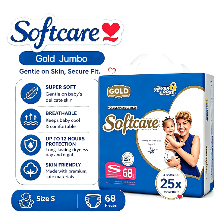 Softcare Gold Jumbo Taped Diapers Ultra Absorbent Disposable Nappies S/M/L/XL for Babies 3-25KG | 52/56/62/68 Pcs Per Pack