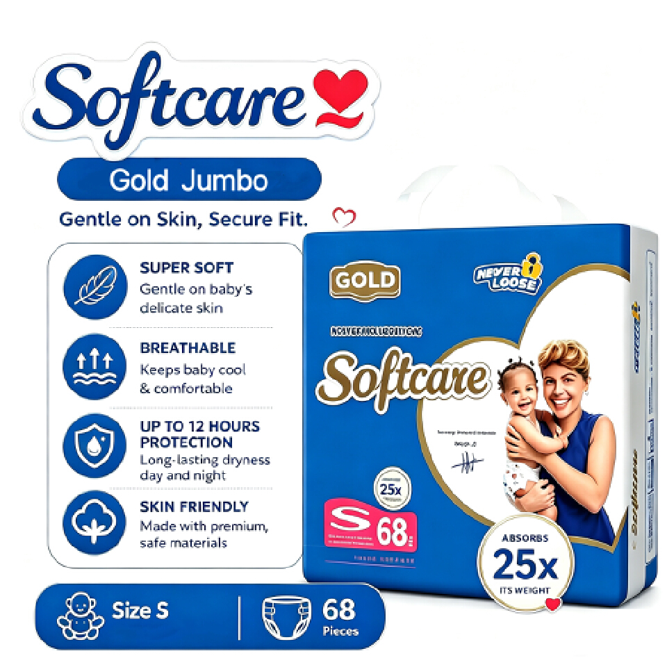 Softcare Gold Jumbo Taped Diapers Ultra Absorbent Disposable Nappies S/M/L/XL for Babies 3-25KG | 52/56/62/68 Pcs Per Pack
