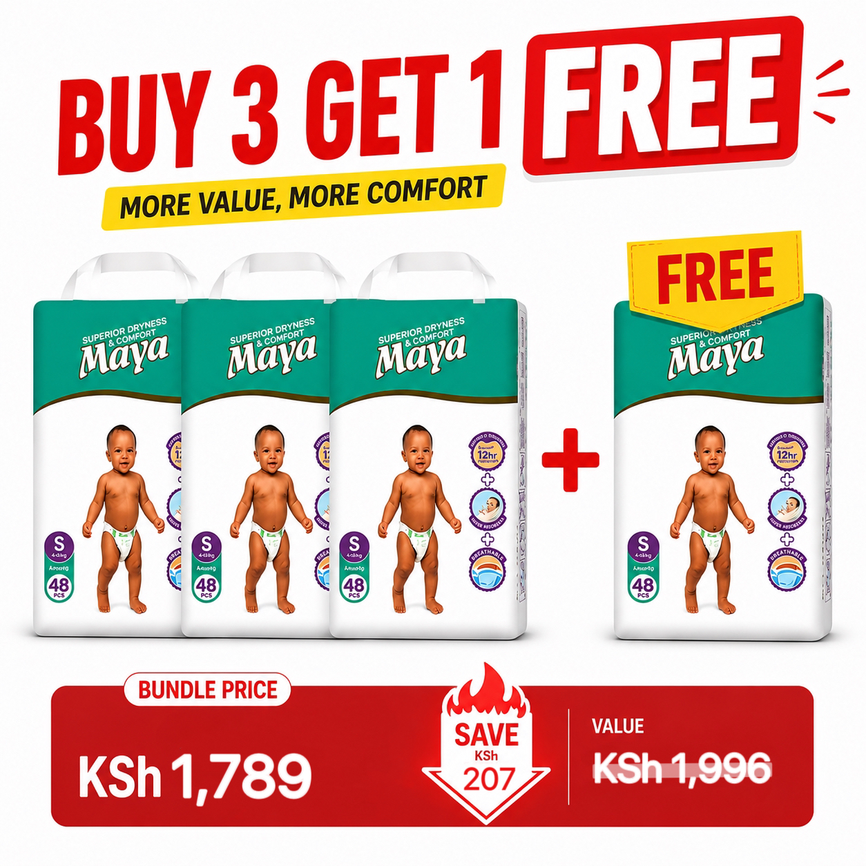 [Buy 3 Get 1 Free] Original Maya Baby Diaper High Absorbency Breathable Anti-rash Super Soft Skin Friendly Diapers Fits Babies 3–15KG (Pack of 40/44/48)
