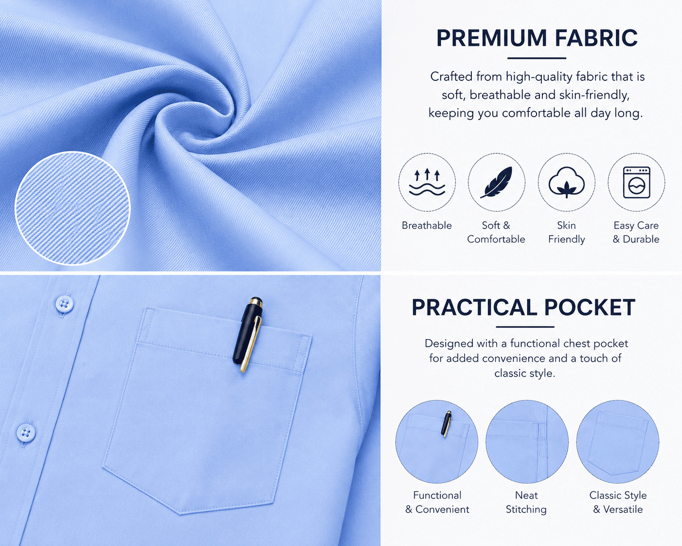 Aidailu Men's Formal Long Sleeve Office Shirt, Light Blue Business Dress Shirt with Chest Pocket for Work & Smart Casual Wear
