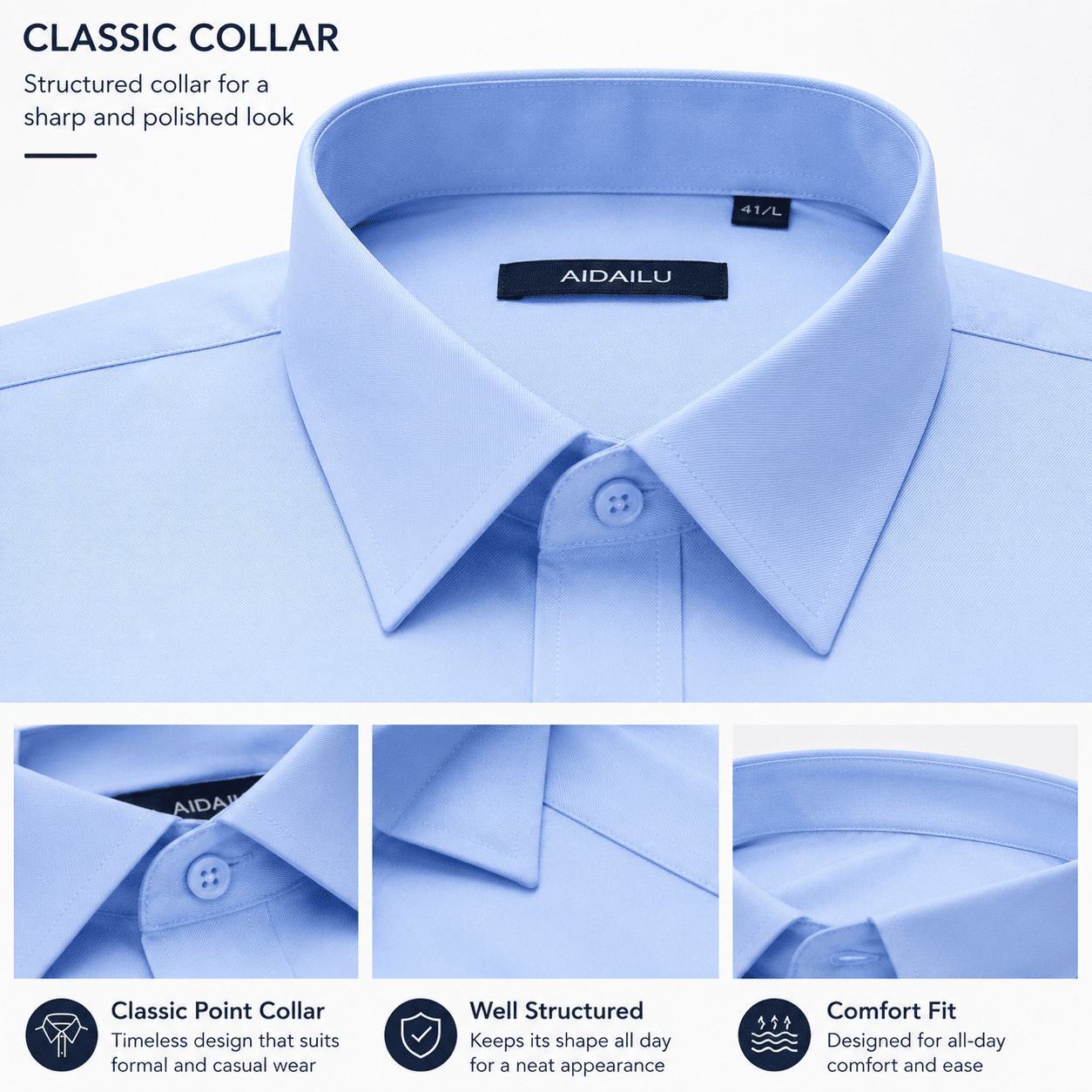 Aidailu Men's Formal Long Sleeve Office Shirt, Light Blue Business Dress Shirt with Chest Pocket for Work & Smart Casual Wear