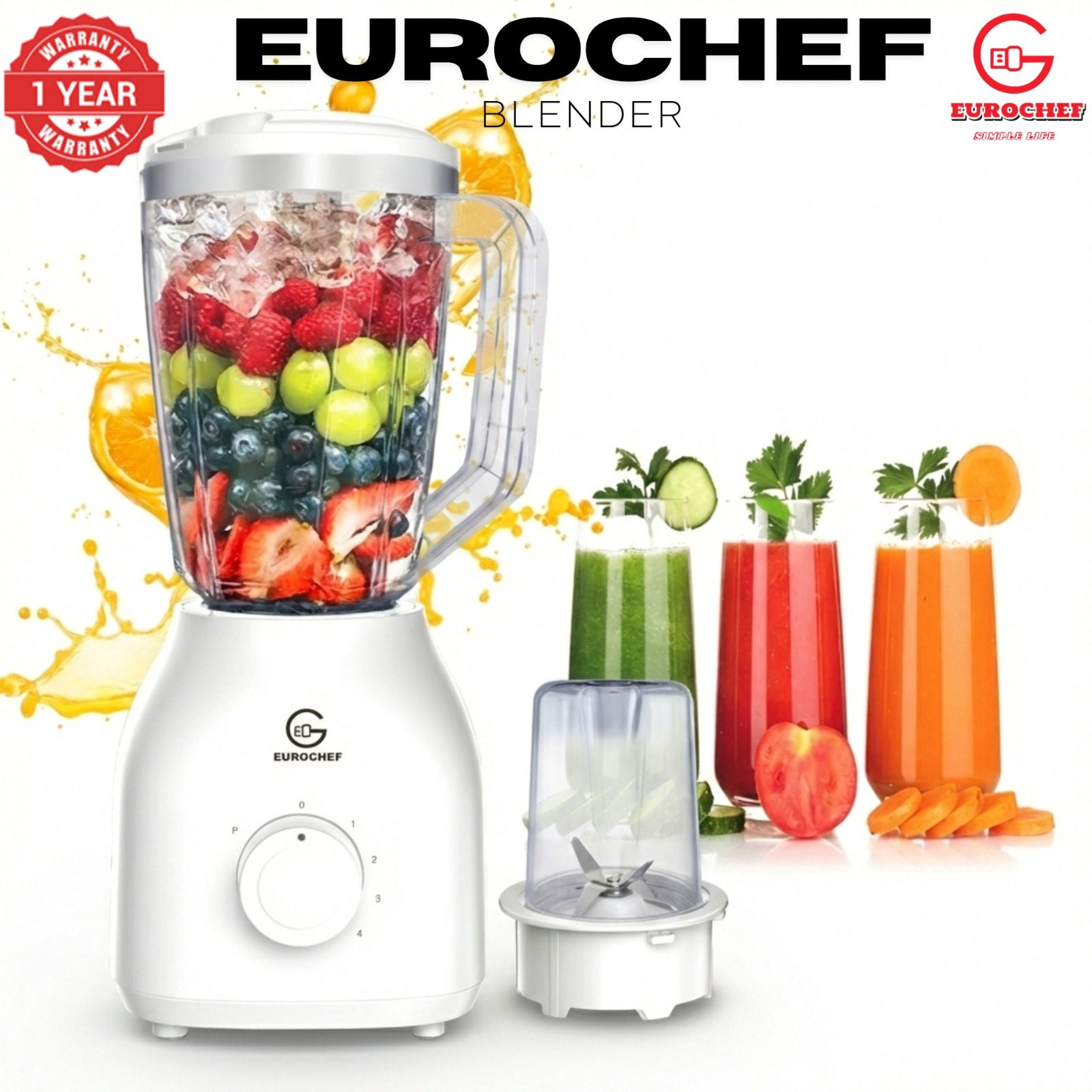 Eurochef 2 In 1 Blender With Grinding Machine And 1.8L Unbreakable Jug, 4-Speed Pulse, 650W