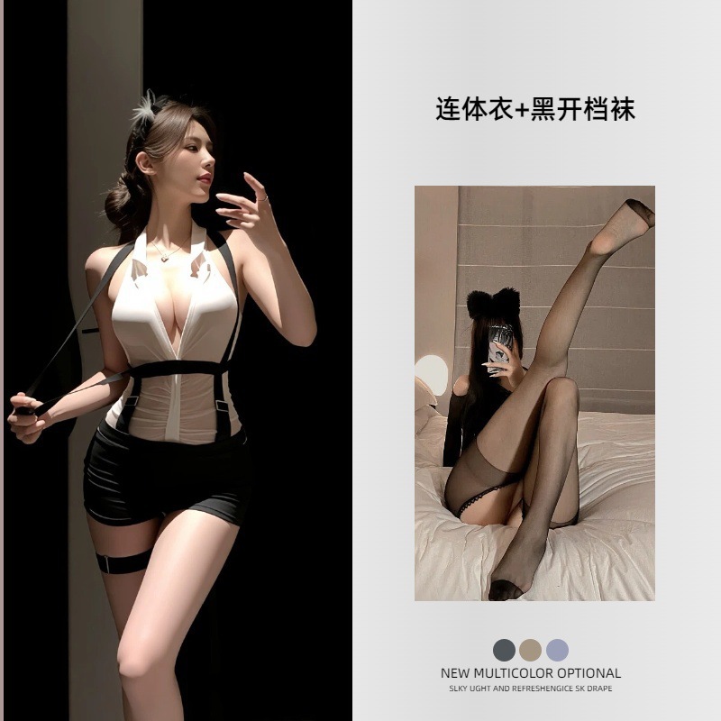 Fun lingerie plus size sexy secretary deep V perspective style uniform zipper crotch no take off qqny set
