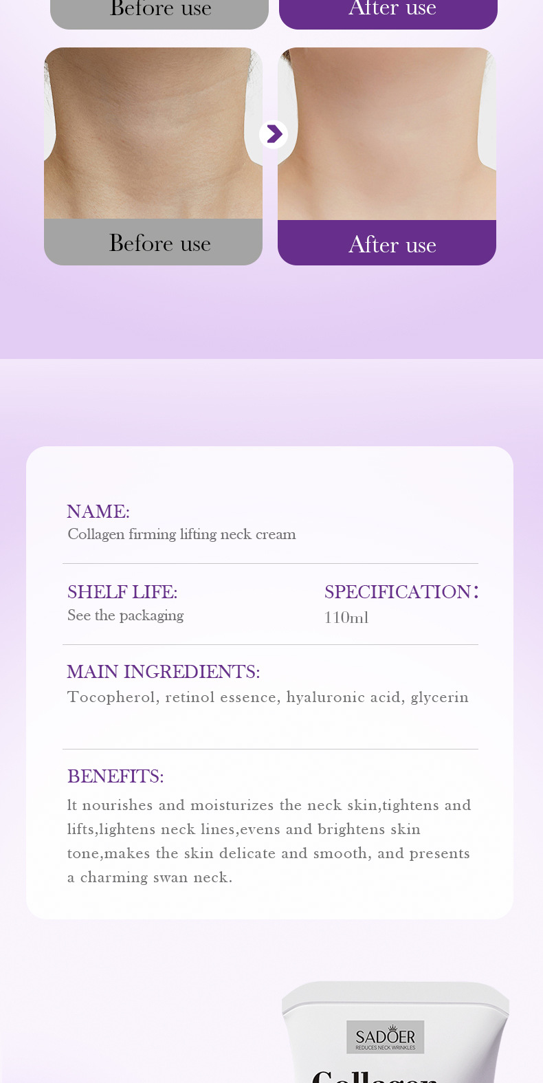 Collagen Firming and Lifting Neck Cream 110ml SADOER Rolling Neck Beauty Cream Skin Care Product
