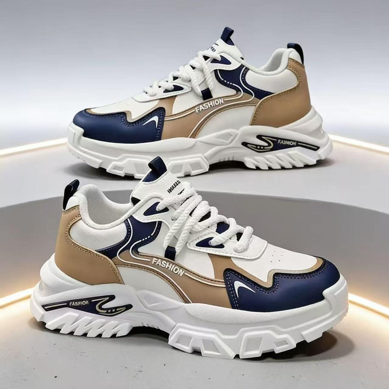 Baldur size 41-44 Men's artificial PU thick soles shoes sports shoes Boys Athletic running shoes students fashion sneakers walking white+coffee shoes