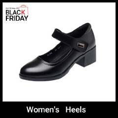 Baldur Women's PU artificial leather work shoes black professional heels ladies single shoes girls' chunky soft soled work Shoes Women's Mid-heels Mom black Shoes