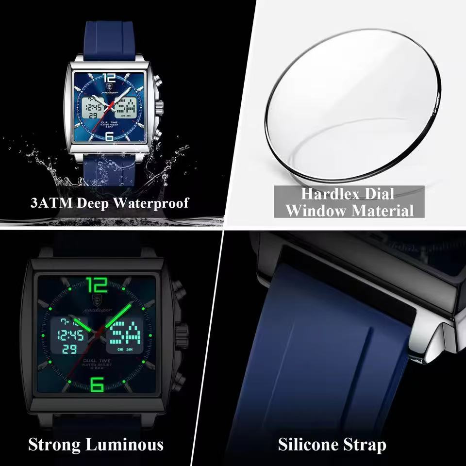 POEDAGAR E109 Luxury Men's Sports Watches Men Dual Display LED Digital Waterproof Week Date Silicone Quartz Watch Man Clock