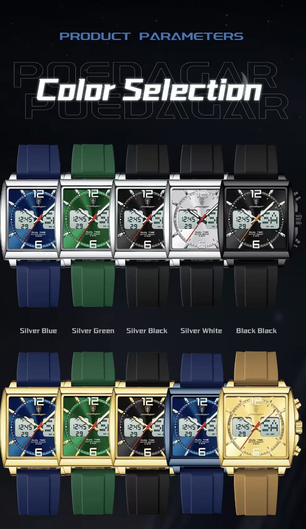 POEDAGAR E109 Luxury Men's Sports Watches Men Dual Display LED Digital Waterproof Week Date Silicone Quartz Watch Man Clock