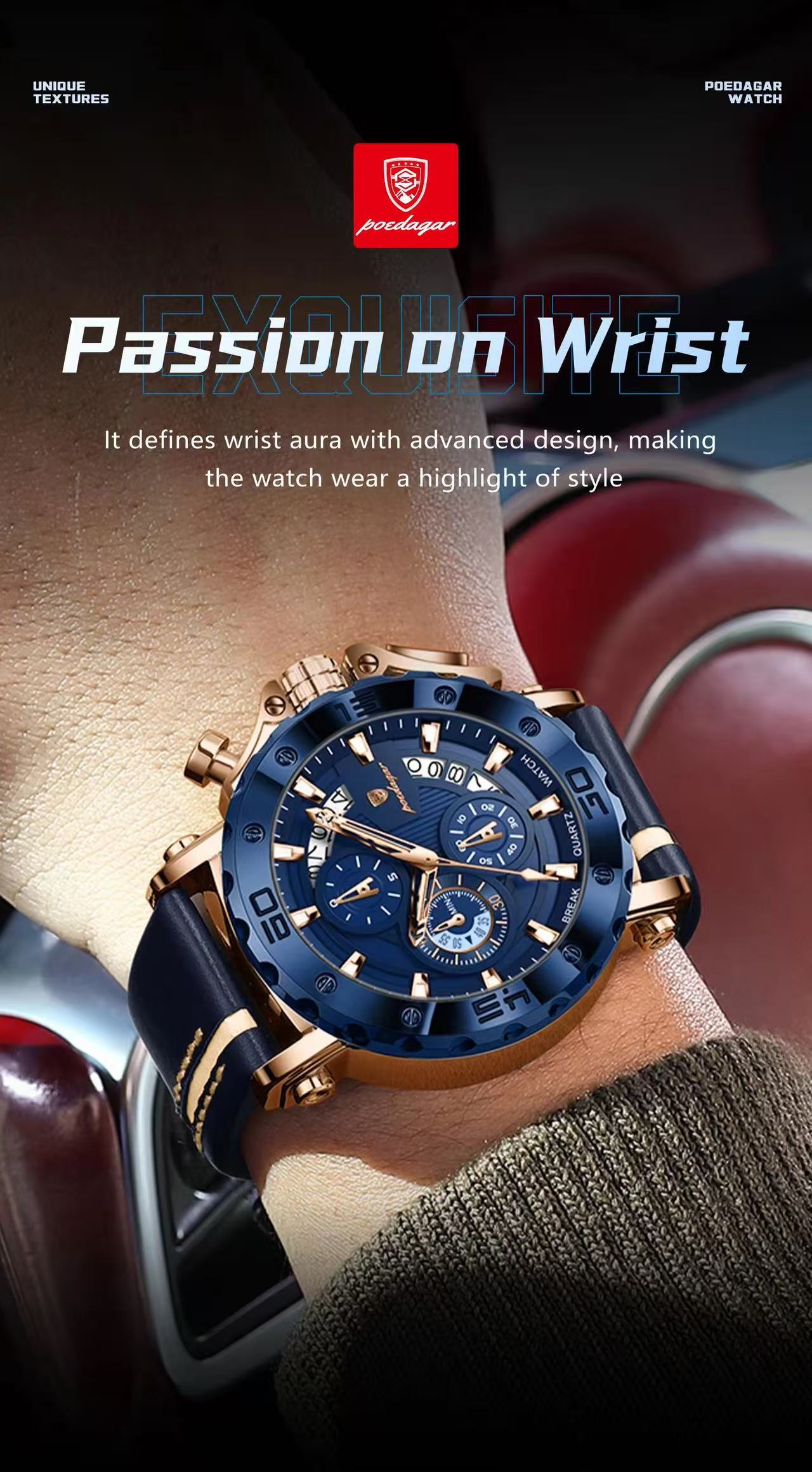POEDAGAR 892 Wholesale Rose Gold and Black Watch Luminous Hands Waterproof Leather Band Date Display Watches for Men Reloj