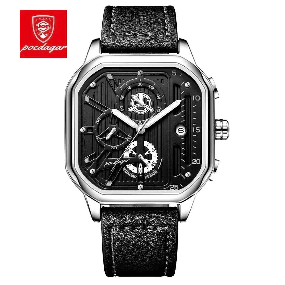 Top  POEDAGAR Watches for Men 628 Quartz Man Wristwatch Waterproof Not-Chronograph Leather Band Fashion Men Dual Time Watch