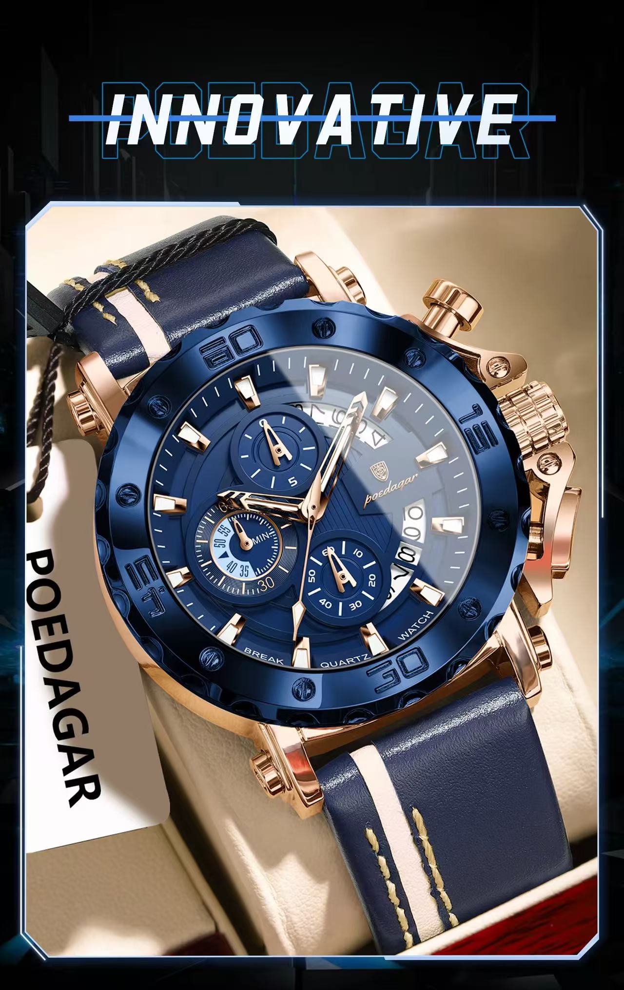 POEDAGAR 892 Wholesale Rose Gold and Black Watch Luminous Hands Waterproof Leather Band Date Display Watches for Men Reloj