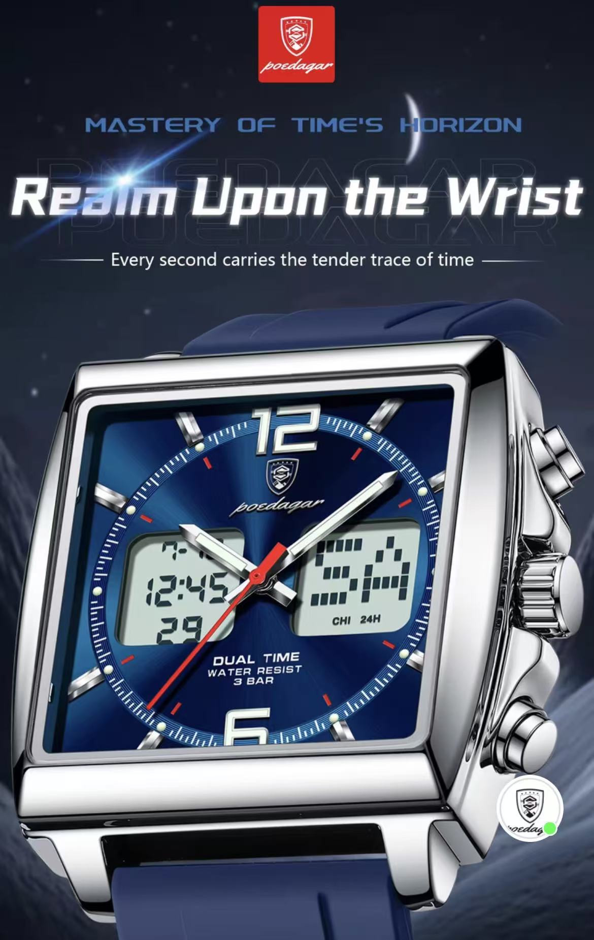 POEDAGAR E109 Luxury Men's Sports Watches Men Dual Display LED Digital Waterproof Week Date Silicone Quartz Watch Man Clock