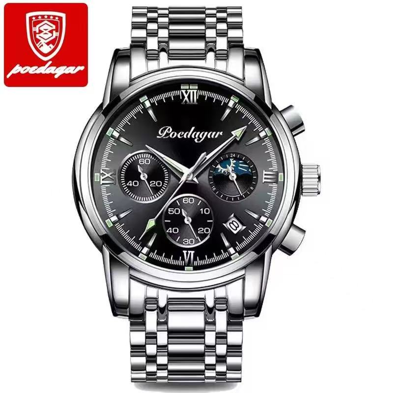 POEDAGAR 8058 Men's Stainless Steel Band Quartz Watch Chronography 3 Needle Waterproof Luminous Sport Wristwatch