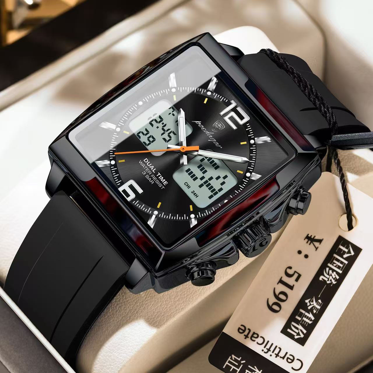 POEDAGAR E109 Luxury Men's Sports Watches Men Dual Display LED Digital Waterproof Week Date Silicone Quartz Watch Man Clock