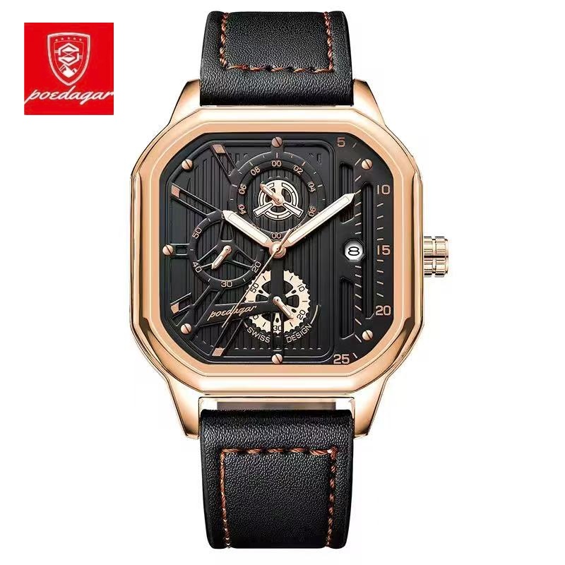 Top  POEDAGAR Watches for Men 628 Quartz Man Wristwatch Waterproof Not-Chronograph Leather Band Fashion Men Dual Time Watch
