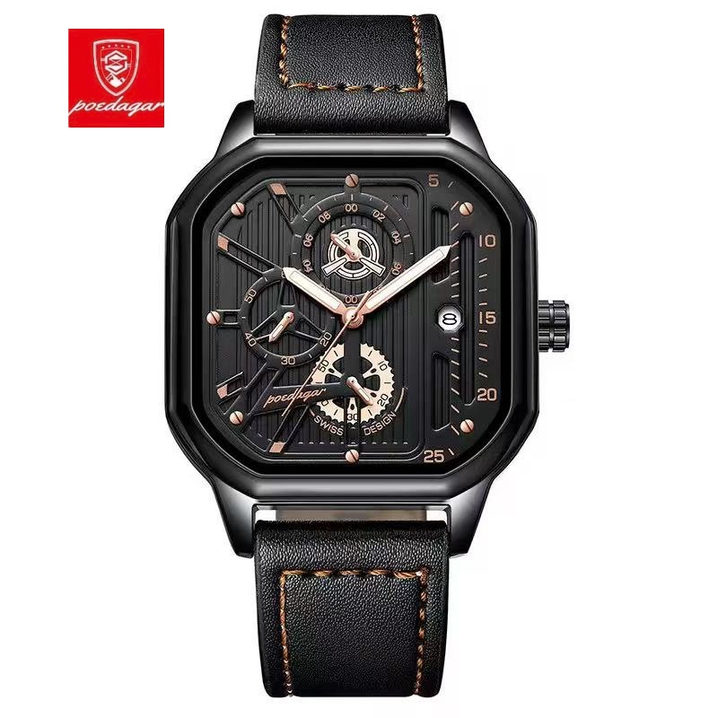 Top  POEDAGAR Watches for Men 628 Quartz Man Wristwatch Waterproof Not-Chronograph Leather Band Fashion Men Dual Time Watch