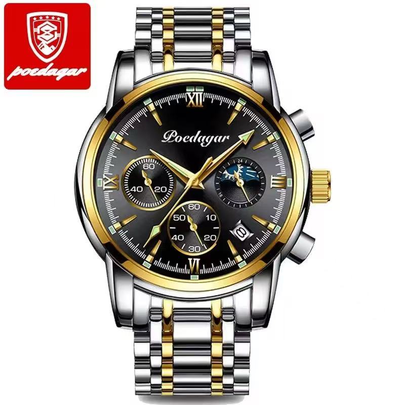 POEDAGAR 8058 Men's Stainless Steel Band Quartz Watch Chronography 3 Needle Waterproof Luminous Sport Wristwatch