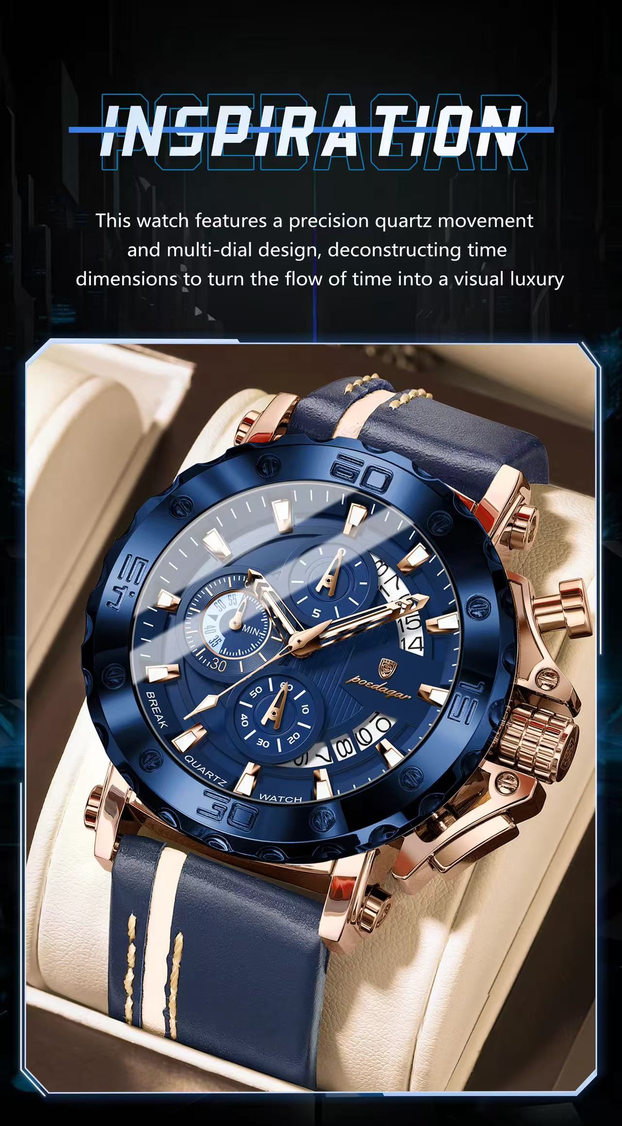 POEDAGAR 892 Wholesale Rose Gold and Black Watch Luminous Hands Waterproof Leather Band Date Display Watches for Men Reloj