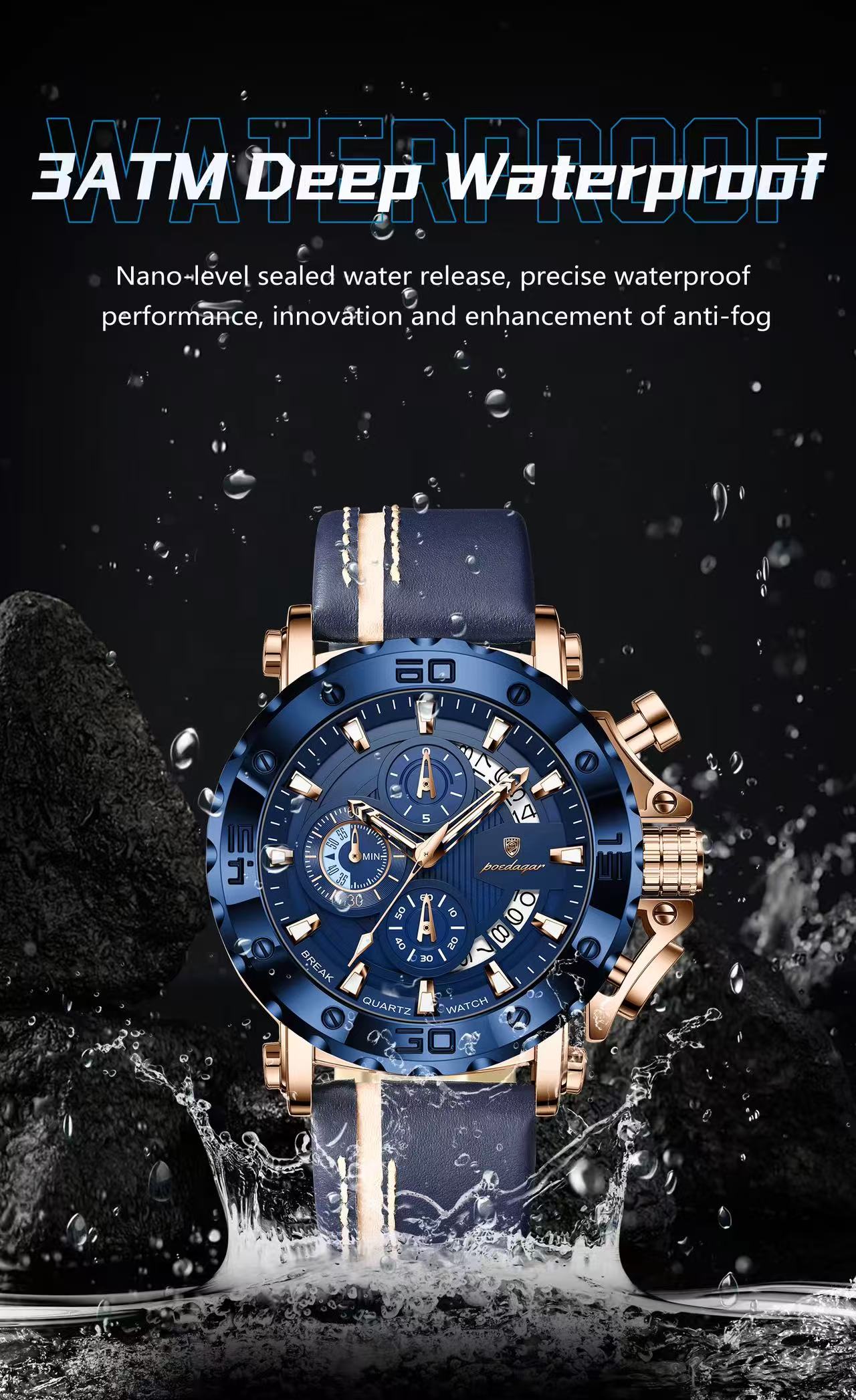 POEDAGAR 892 Wholesale Rose Gold and Black Watch Luminous Hands Waterproof Leather Band Date Display Watches for Men Reloj
