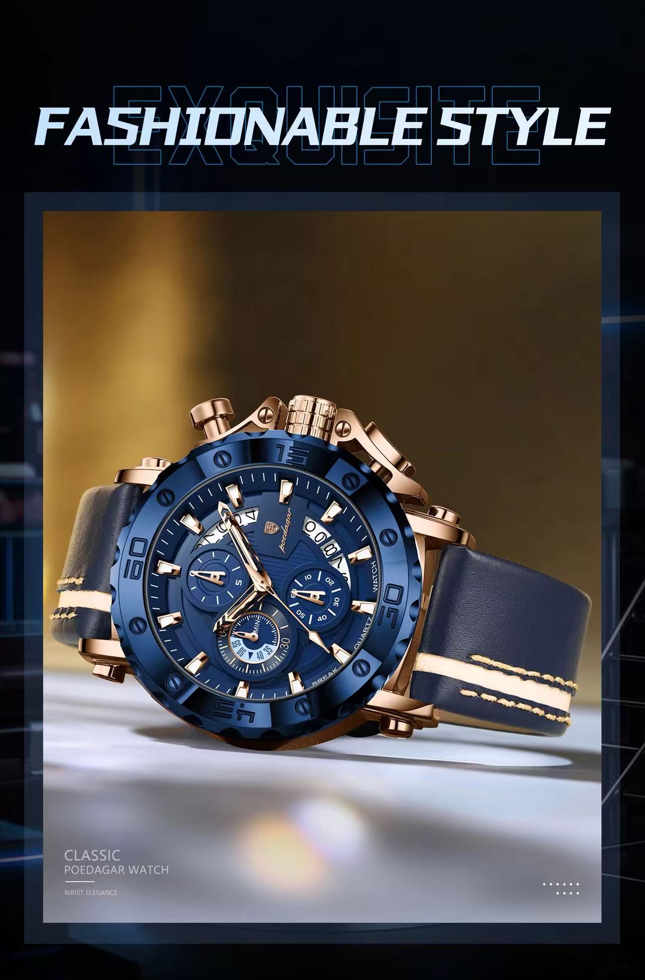 POEDAGAR 892 Wholesale Rose Gold and Black Watch Luminous Hands Waterproof Leather Band Date Display Watches for Men Reloj