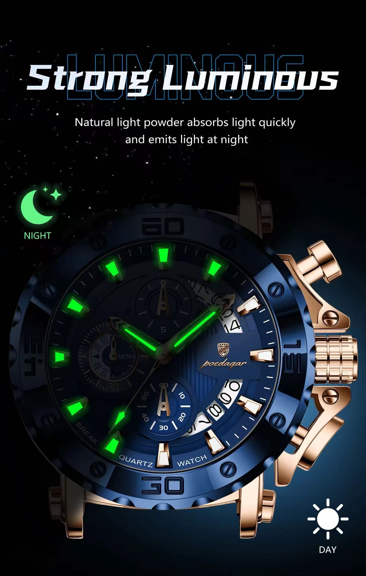 POEDAGAR 892 Wholesale Rose Gold and Black Watch Luminous Hands Waterproof Leather Band Date Display Watches for Men Reloj