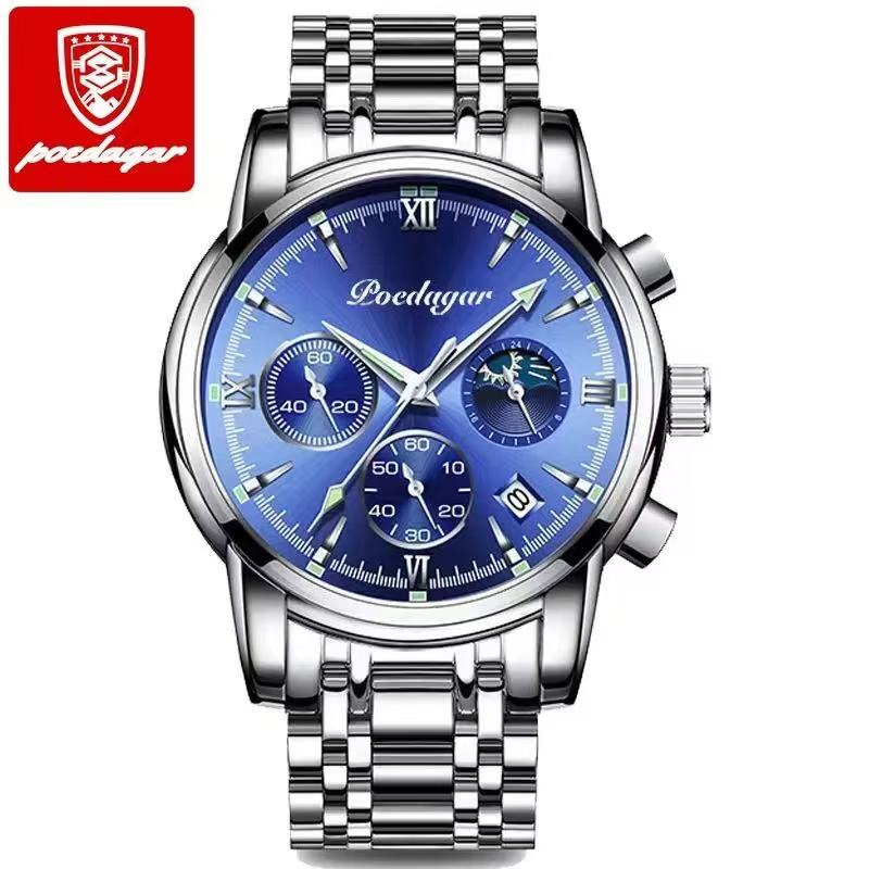 POEDAGAR 8058 Men's Stainless Steel Band Quartz Watch Chronography 3 Needle Waterproof Luminous Sport Wristwatch