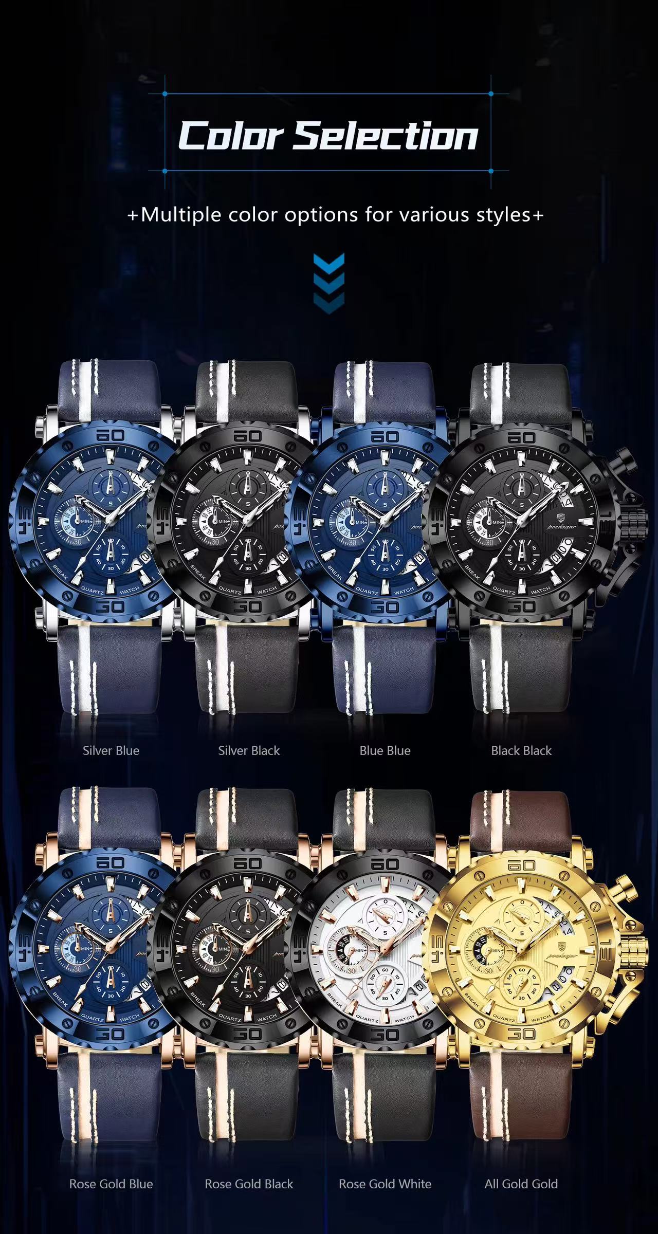 POEDAGAR 892 Wholesale Rose Gold and Black Watch Luminous Hands Waterproof Leather Band Date Display Watches for Men Reloj