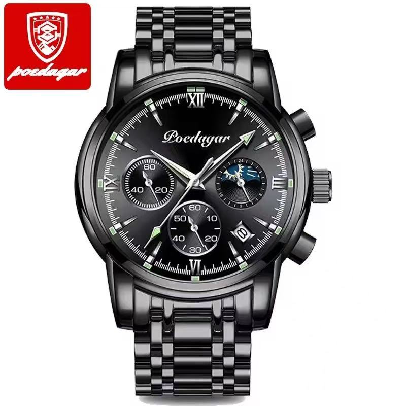 POEDAGAR 8058 Men's Stainless Steel Band Quartz Watch Chronography 3 Needle Waterproof Luminous Sport Wristwatch