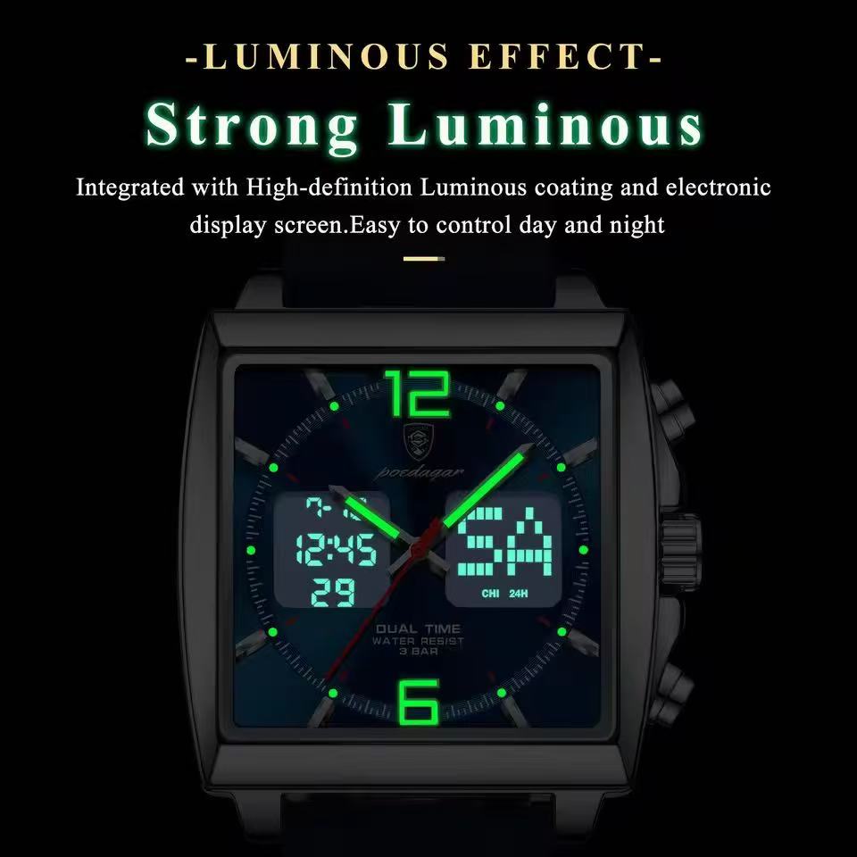 POEDAGAR E109 Luxury Men's Sports Watches Men Dual Display LED Digital Waterproof Week Date Silicone Quartz Watch Man Clock