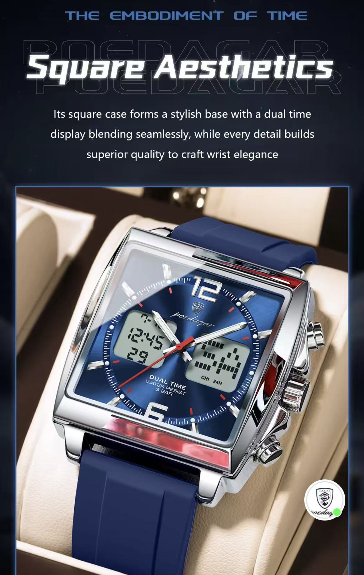 POEDAGAR E109 Luxury Men's Sports Watches Men Dual Display LED Digital Waterproof Week Date Silicone Quartz Watch Man Clock