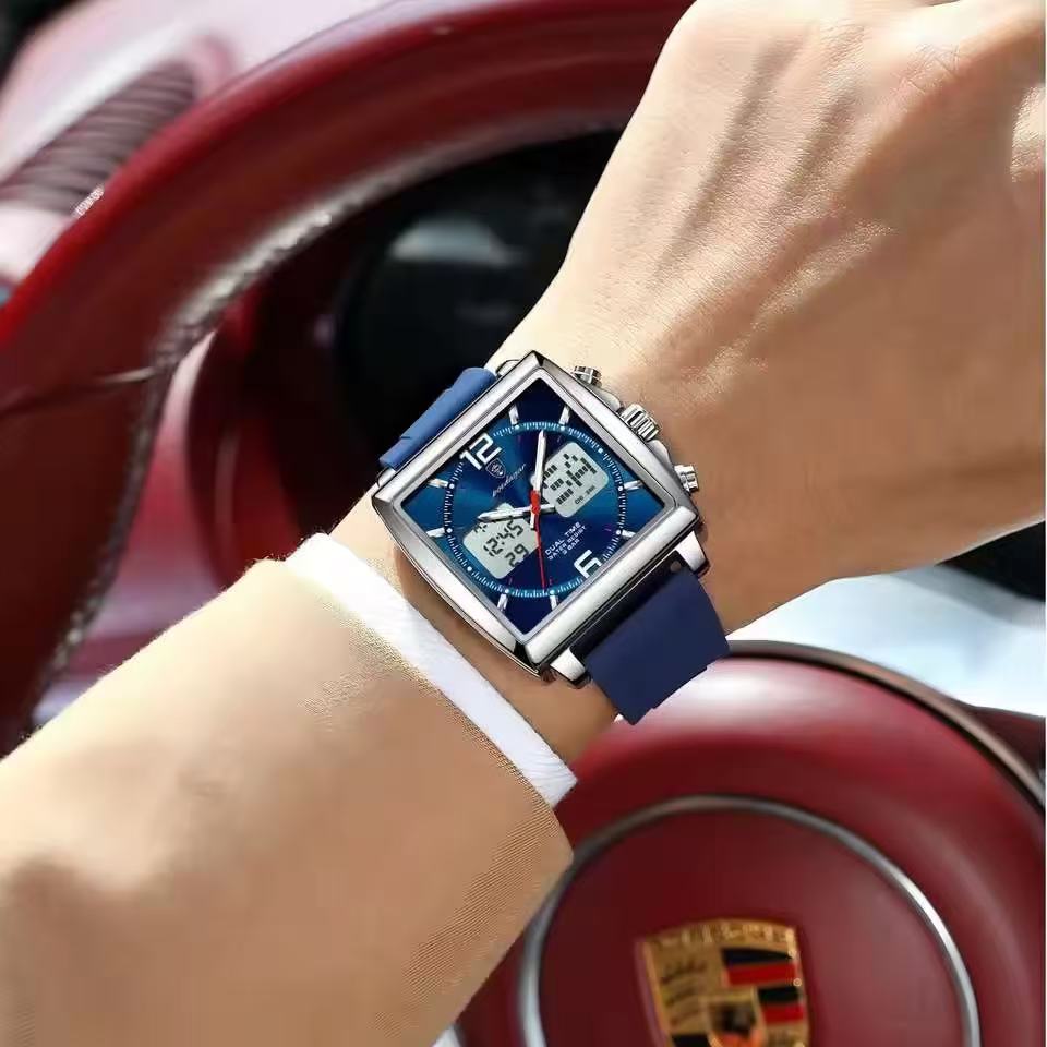 POEDAGAR E109 Luxury Men's Sports Watches Men Dual Display LED Digital Waterproof Week Date Silicone Quartz Watch Man Clock