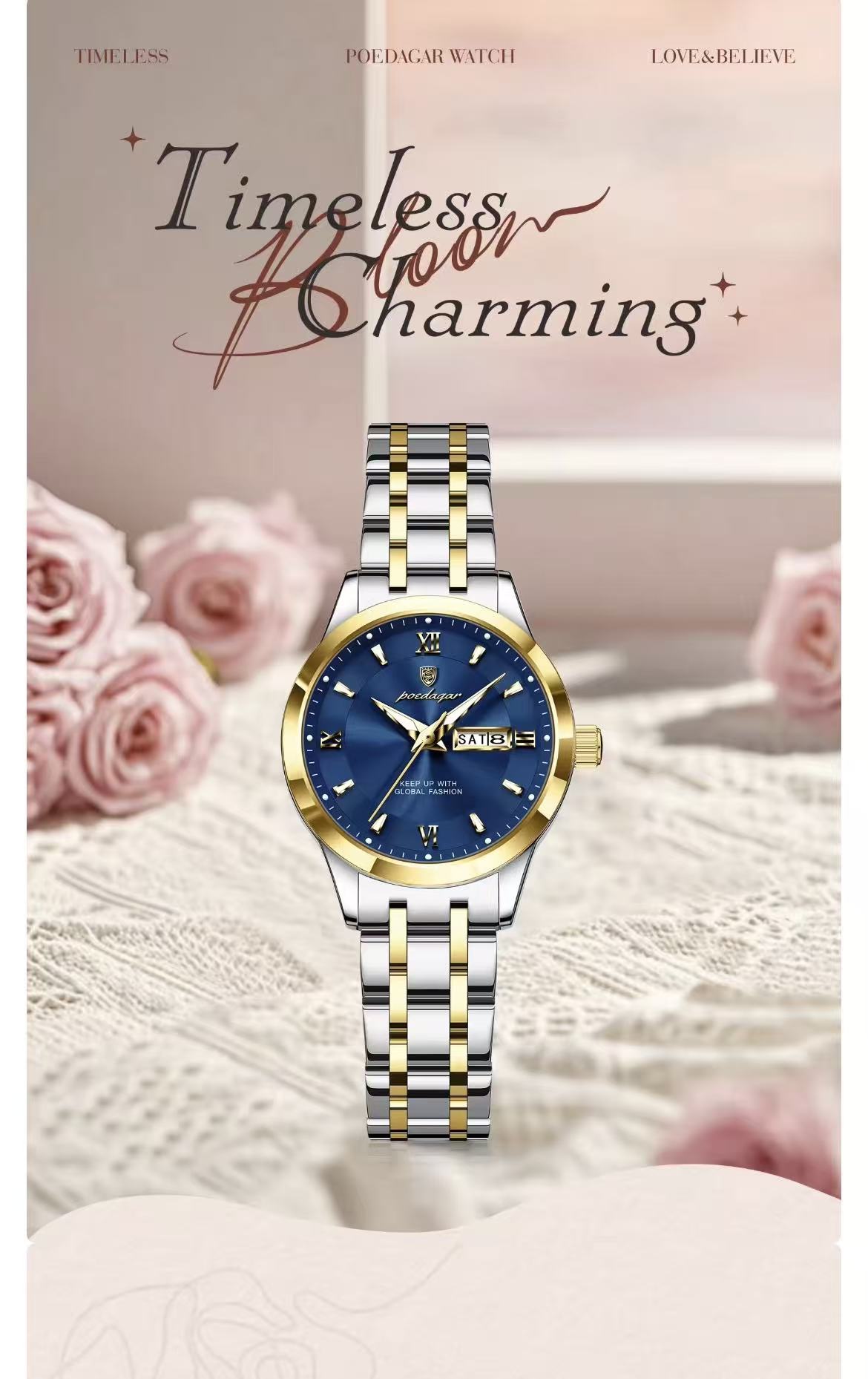 POEDAGAR 503 Luxury Reloj Waterproof Dual Calendar Waterproof Watches Luminous Stainless Steel Ladies Quartz Watch for Women's