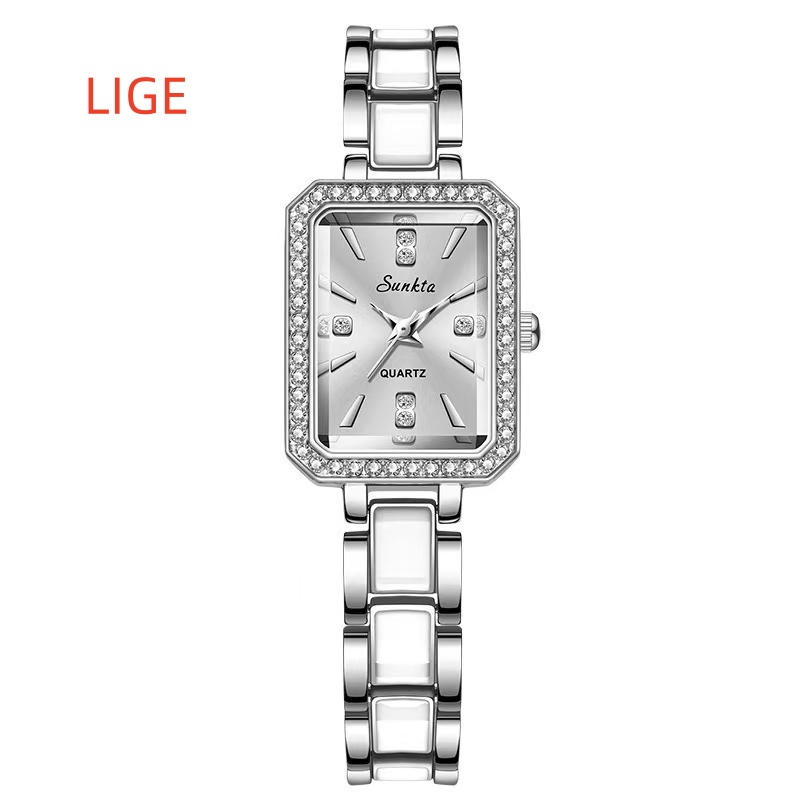 LIGE ST6717  Square Diamond Silver Quartz Ladies Bracelet Wristwatch Luxury Acrylic Band Jewelry for Women Watch Girl Gift