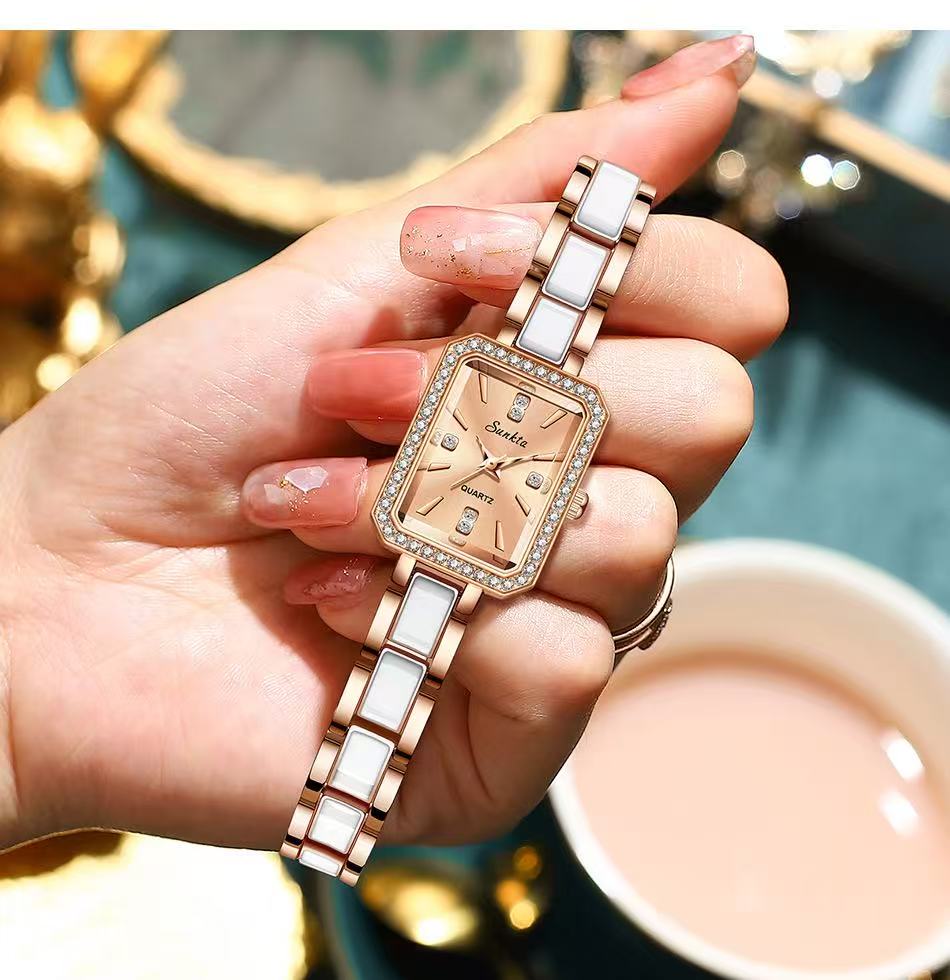 LIGE ST6717  Square Diamond Silver Quartz Ladies Bracelet Wristwatch Luxury Acrylic Band Jewelry for Women Watch Girl Gift