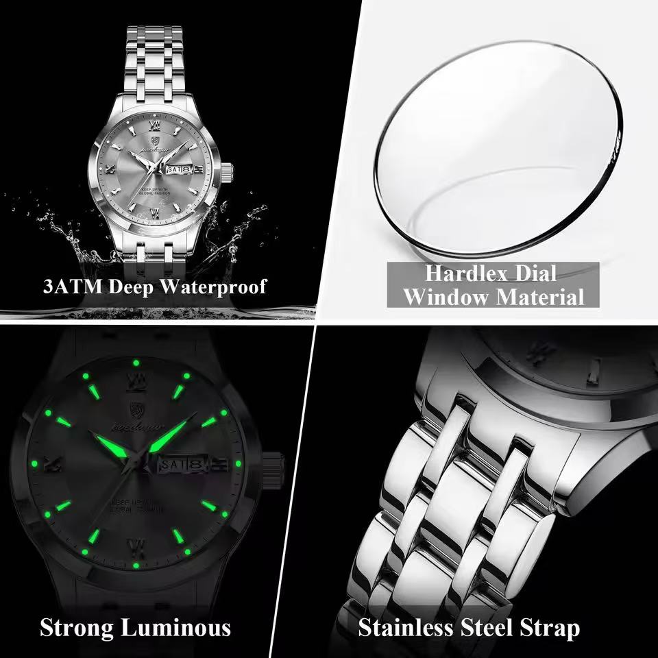 POEDAGAR 503 Luxury Reloj Waterproof Dual Calendar Waterproof Watches Luminous Stainless Steel Ladies Quartz Watch for Women's