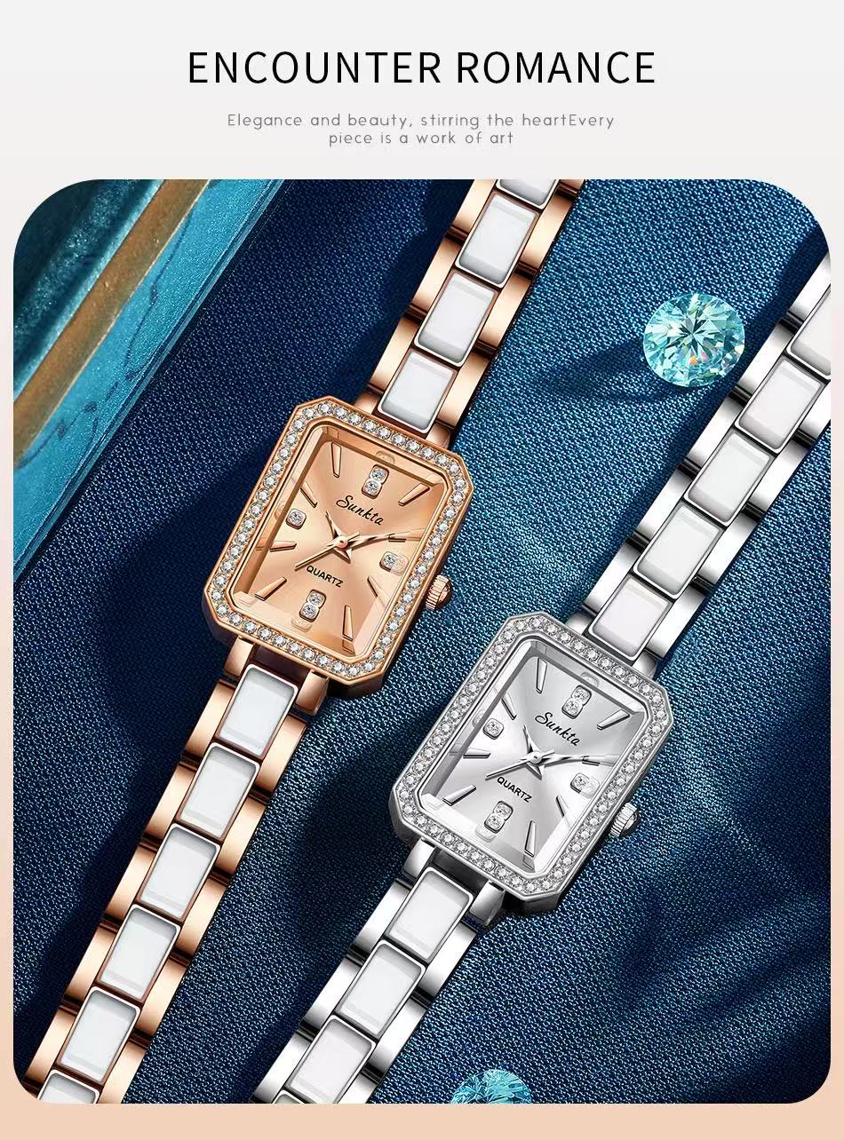 LIGE ST6717  Square Diamond Silver Quartz Ladies Bracelet Wristwatch Luxury Acrylic Band Jewelry for Women Watch Girl Gift