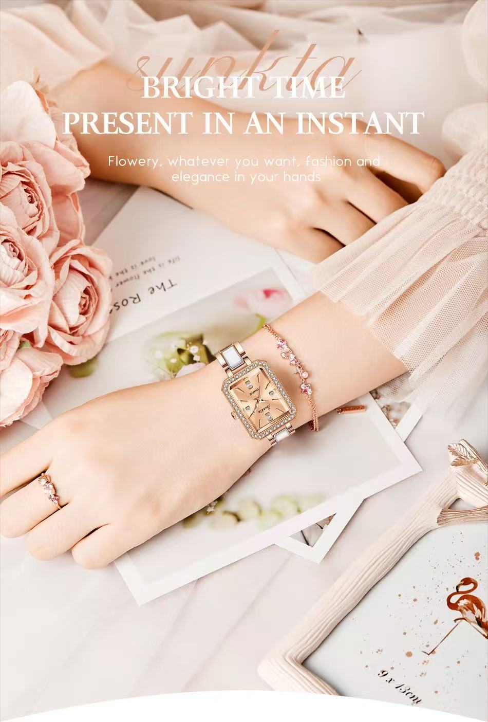 LIGE ST6717  Square Diamond Silver Quartz Ladies Bracelet Wristwatch Luxury Acrylic Band Jewelry for Women Watch Girl Gift