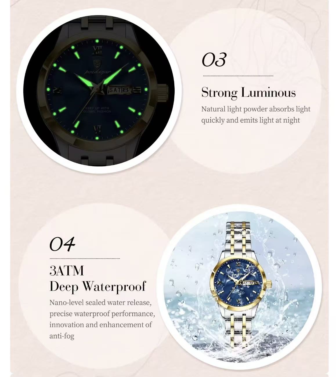 POEDAGAR 503 Luxury Reloj Waterproof Dual Calendar Waterproof Watches Luminous Stainless Steel Ladies Quartz Watch for Women's