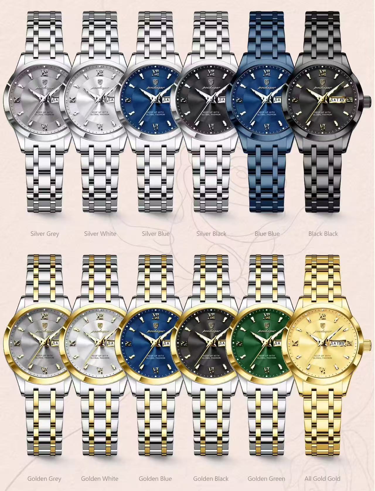 POEDAGAR 503 Luxury Reloj Waterproof Dual Calendar Waterproof Watches Luminous Stainless Steel Ladies Quartz Watch for Women's