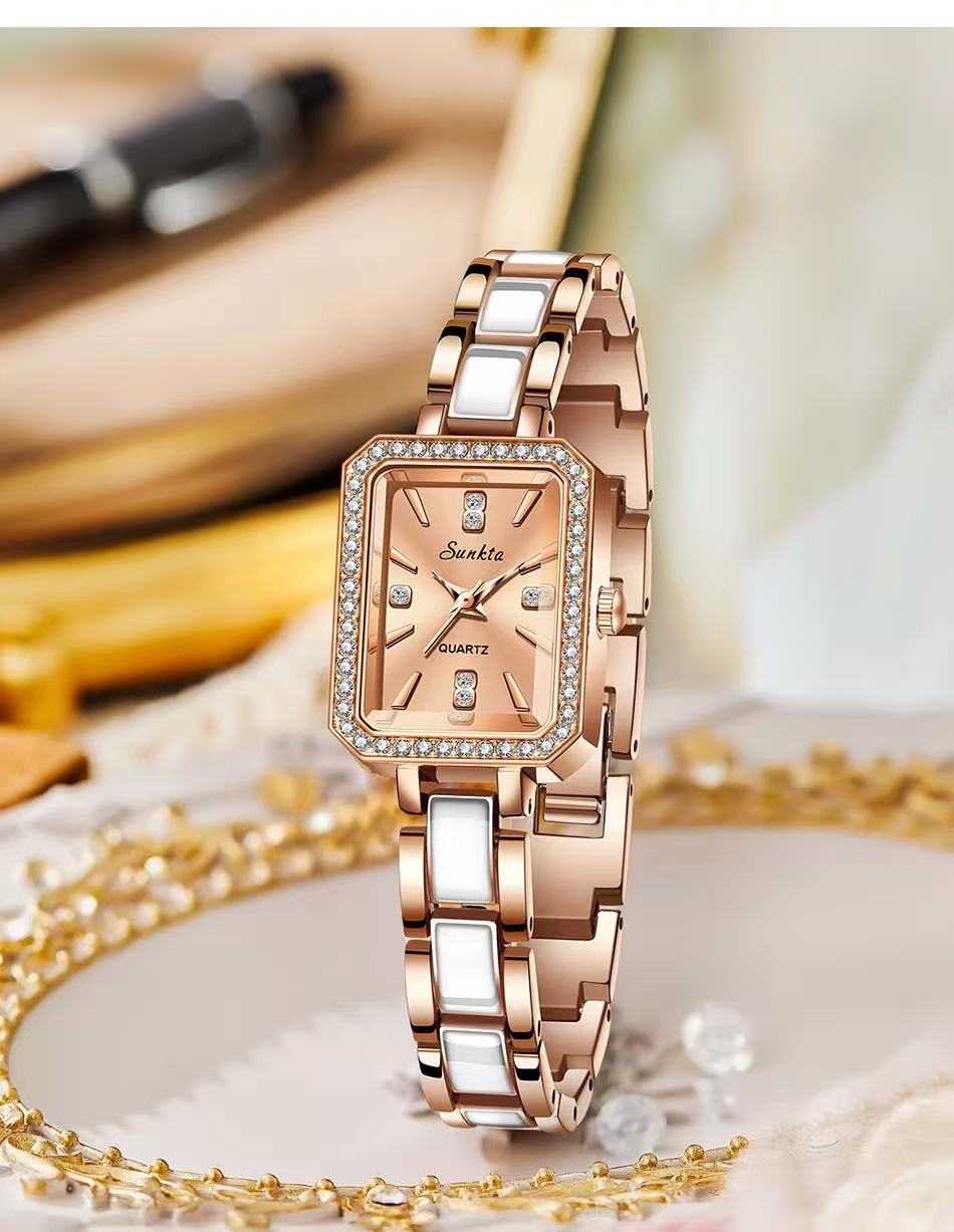 LIGE ST6717  Square Diamond Silver Quartz Ladies Bracelet Wristwatch Luxury Acrylic Band Jewelry for Women Watch Girl Gift