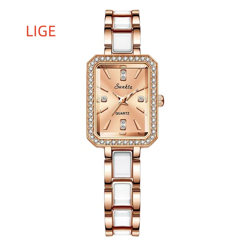 LIGE ST6717  Square Diamond Silver Quartz Ladies Bracelet Wristwatch Luxury Acrylic Band Jewelry for Women Watch Girl Gift