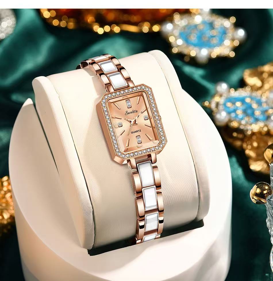LIGE ST6717  Square Diamond Silver Quartz Ladies Bracelet Wristwatch Luxury Acrylic Band Jewelry for Women Watch Girl Gift