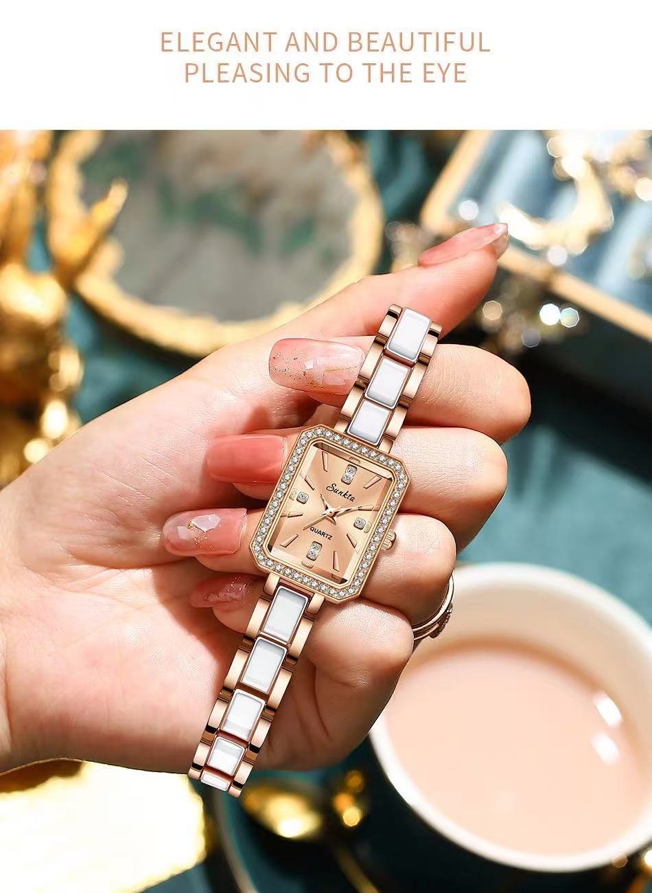 LIGE ST6717  Square Diamond Silver Quartz Ladies Bracelet Wristwatch Luxury Acrylic Band Jewelry for Women Watch Girl Gift