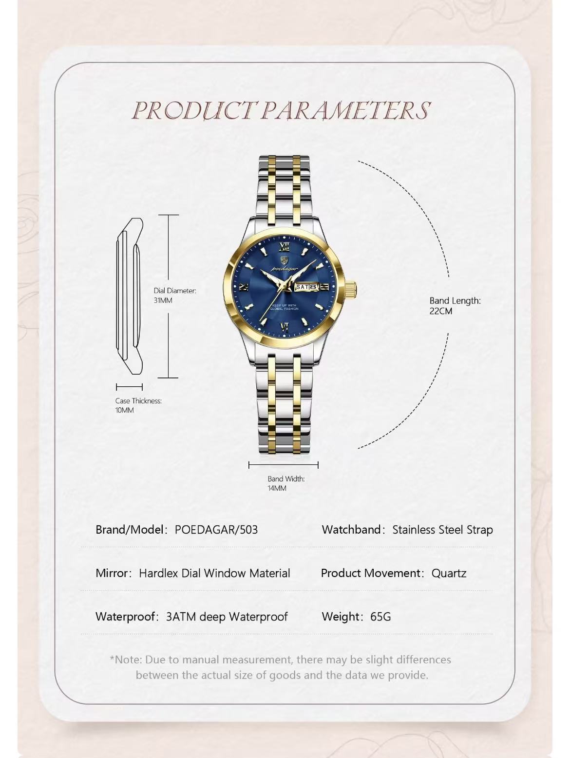 POEDAGAR 503 Luxury Reloj Waterproof Dual Calendar Waterproof Watches Luminous Stainless Steel Ladies Quartz Watch for Women's