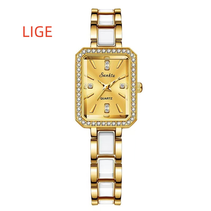 LIGE ST6717  Square Diamond Silver Quartz Ladies Bracelet Wristwatch Luxury Acrylic Band Jewelry for Women Watch Girl Gift