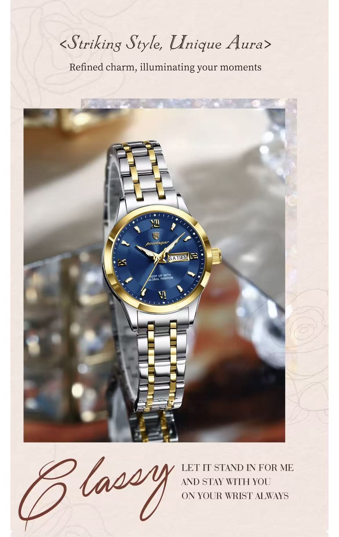 POEDAGAR 503 Luxury Reloj Waterproof Dual Calendar Waterproof Watches Luminous Stainless Steel Ladies Quartz Watch for Women's