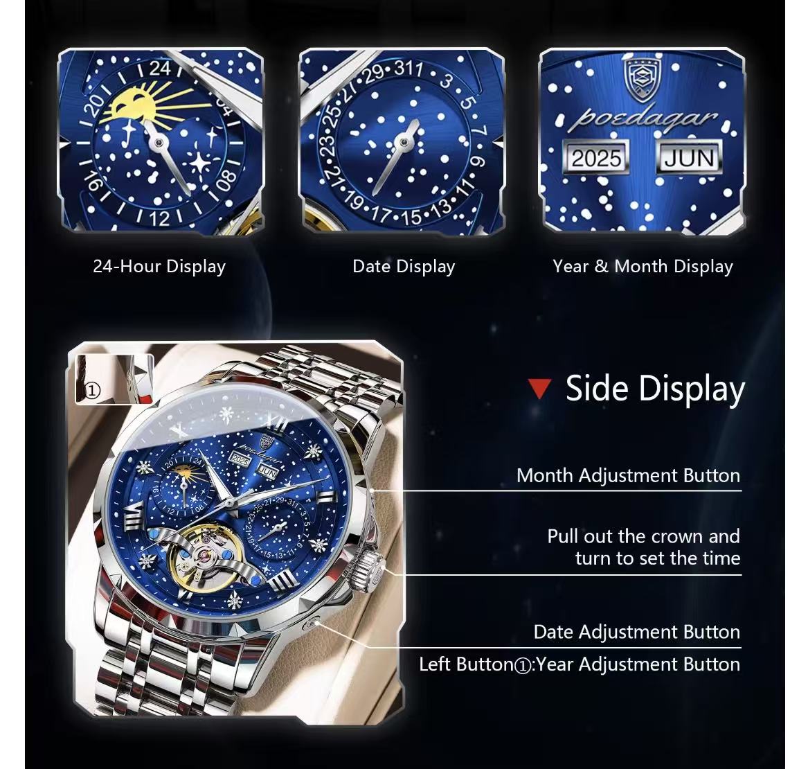 2026 POEDAGAR 1420 High-End Men's 3BAR Waterproof Fashion Stainless Steel Strap Auto Date Automatic Movement Mechanical Watch for Men
