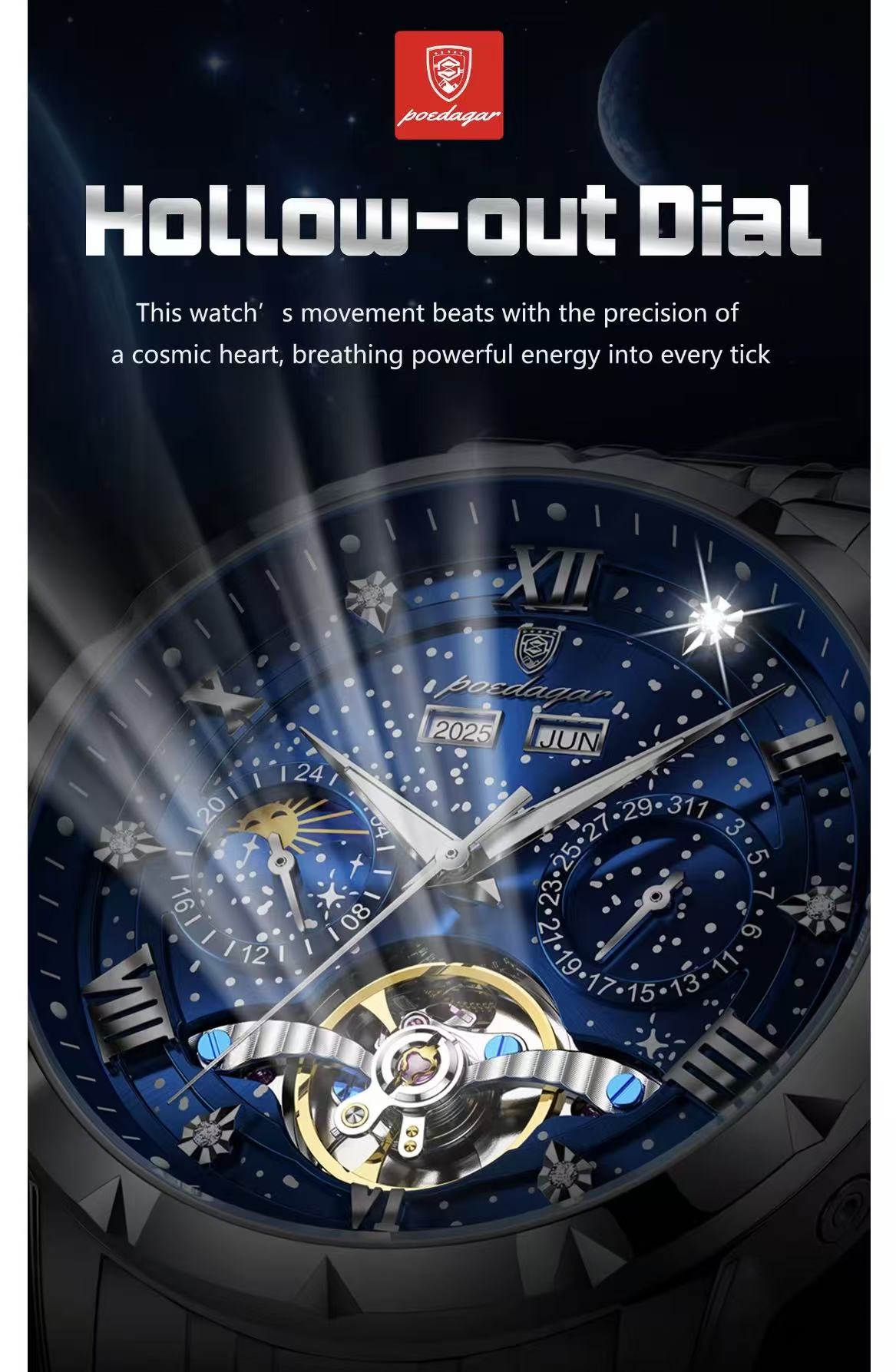 2026 POEDAGAR 1420 High-End Men's 3BAR Waterproof Fashion Stainless Steel Strap Auto Date Automatic Movement Mechanical Watch for Men