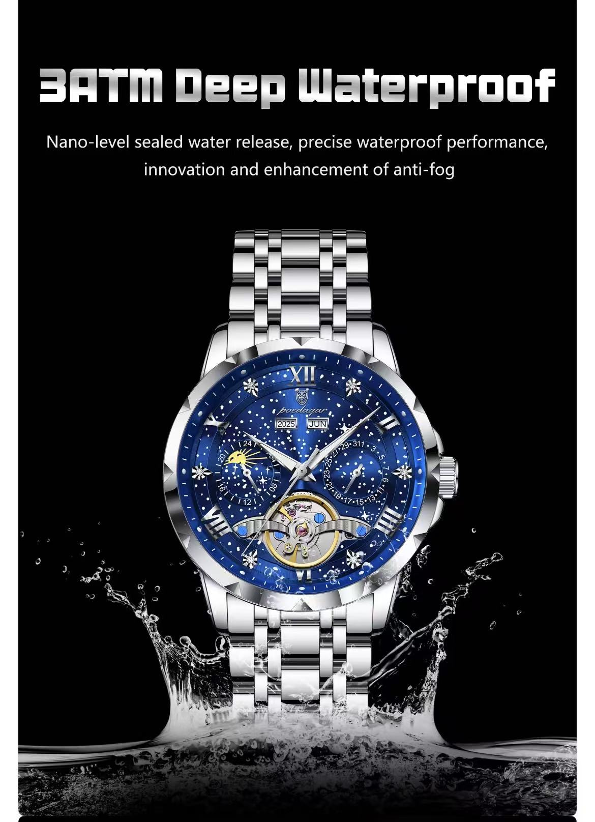 2026 POEDAGAR 1420 High-End Men's 3BAR Waterproof Fashion Stainless Steel Strap Auto Date Automatic Movement Mechanical Watch for Men